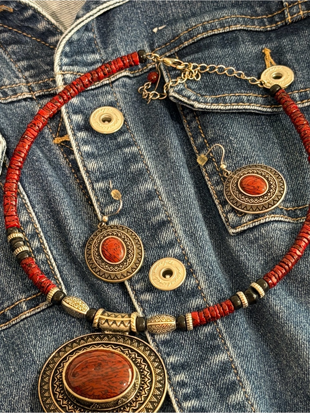Premier Red and Antiqued Silver-Tone Statement Necklace with Matching Earrings